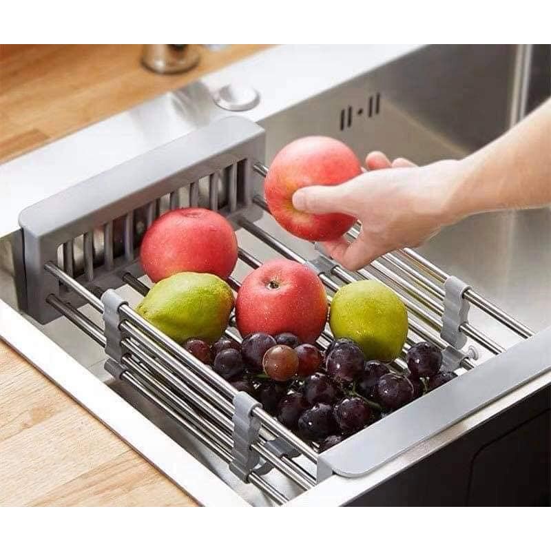 Rổ inox rút gọn đa năng kê bồn rửa chén bát tiện lợi