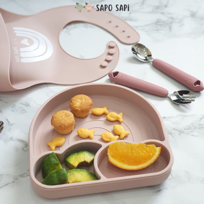 Yếm ăn dặm Premium Silicon chất lượng cao mềm, nhẹ, dễ vệ sinh SAPO SAPi - Cầu vồng cute - Rose Pink