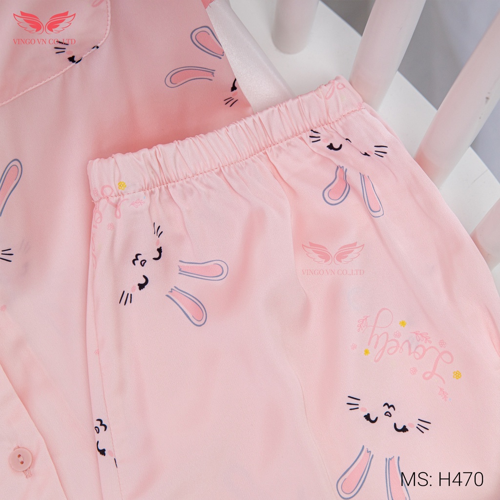 Đồ Bộ Nữ Pijama Mặc Nhà VINGO Chất Liệu Lụa Pháp Cao Cấp Tay Cộc Quần Cộc Thỏ Ngọc Màu Hồng Xuân Hè H470 VNGO