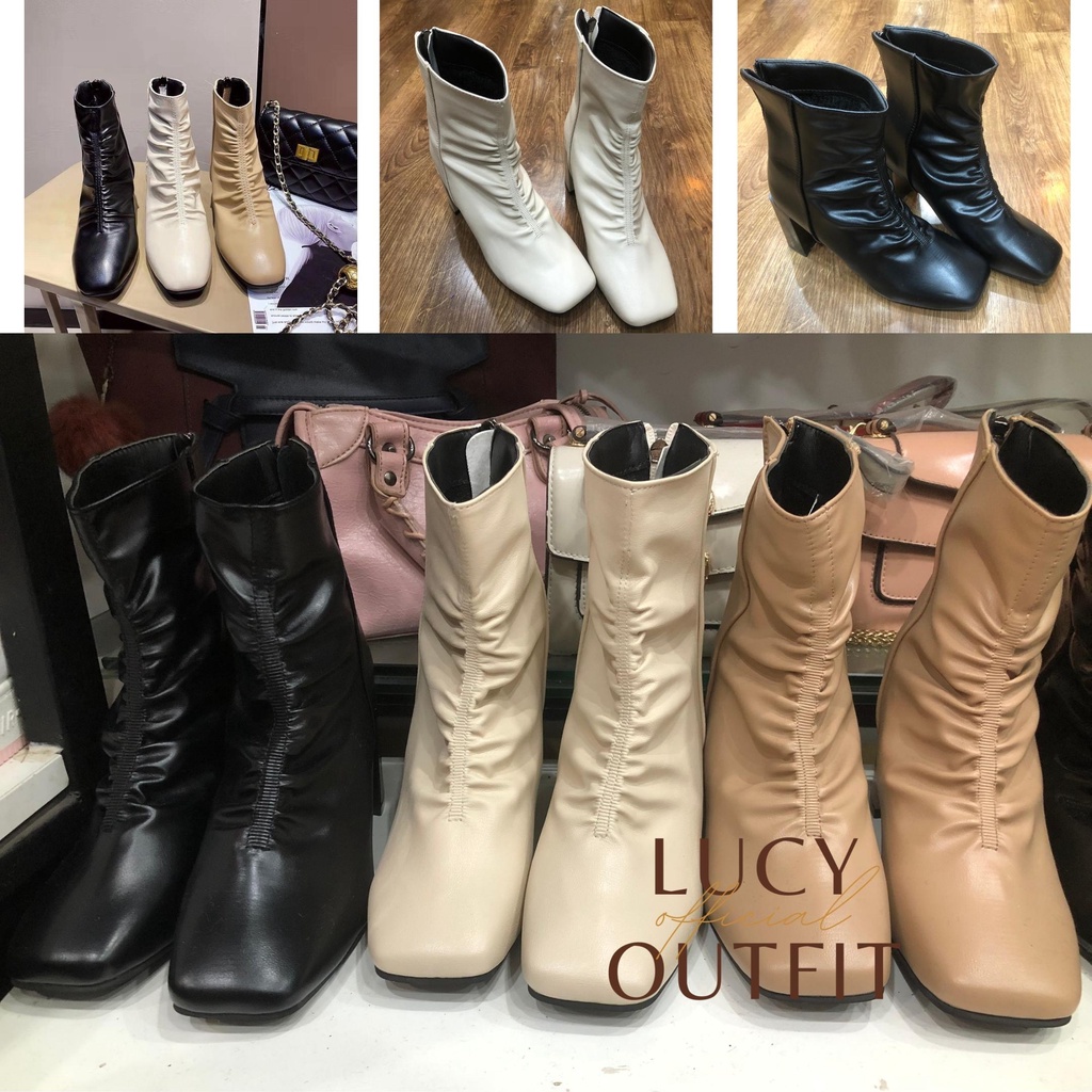 [Quà tặng là dây chun buộc tóc nữ] Boot da lì nhún chun gân giữa Bốt cao gót mũi vuông 7p Lucy Outfit thiết kế fullbox | BigBuy360 - bigbuy360.vn