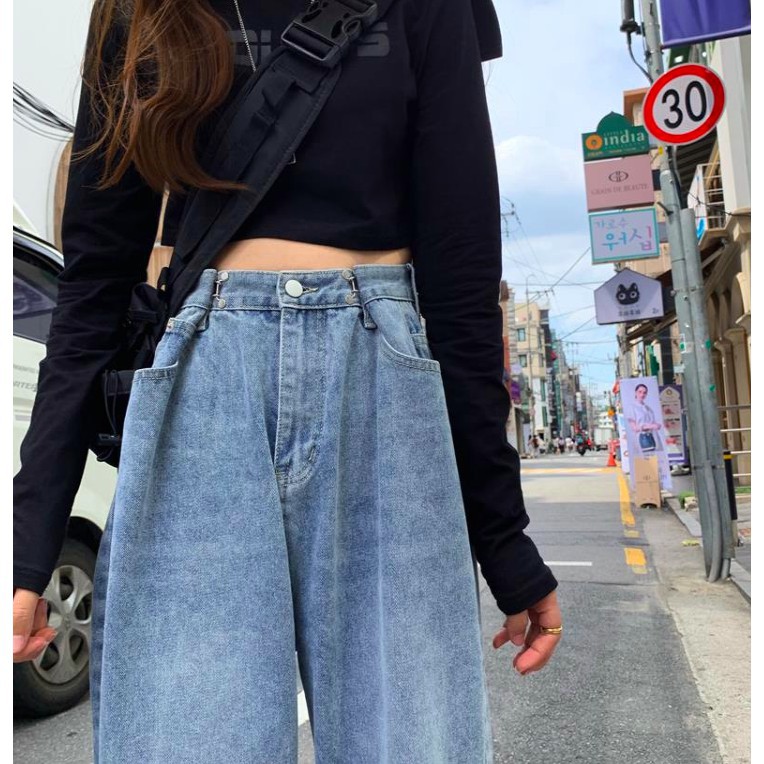 Quần jean ống suông chất đẹp ulzzang có bigsize / quần bò ống rộng có móc cài eo culottes jeans big size (Caamhouse)