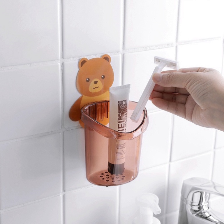 Cốc gấu dán tường đựng bàn chải, cốc hình gấu brown dễ thương để đồ đa năng nhà tắm tiện lợi  A14