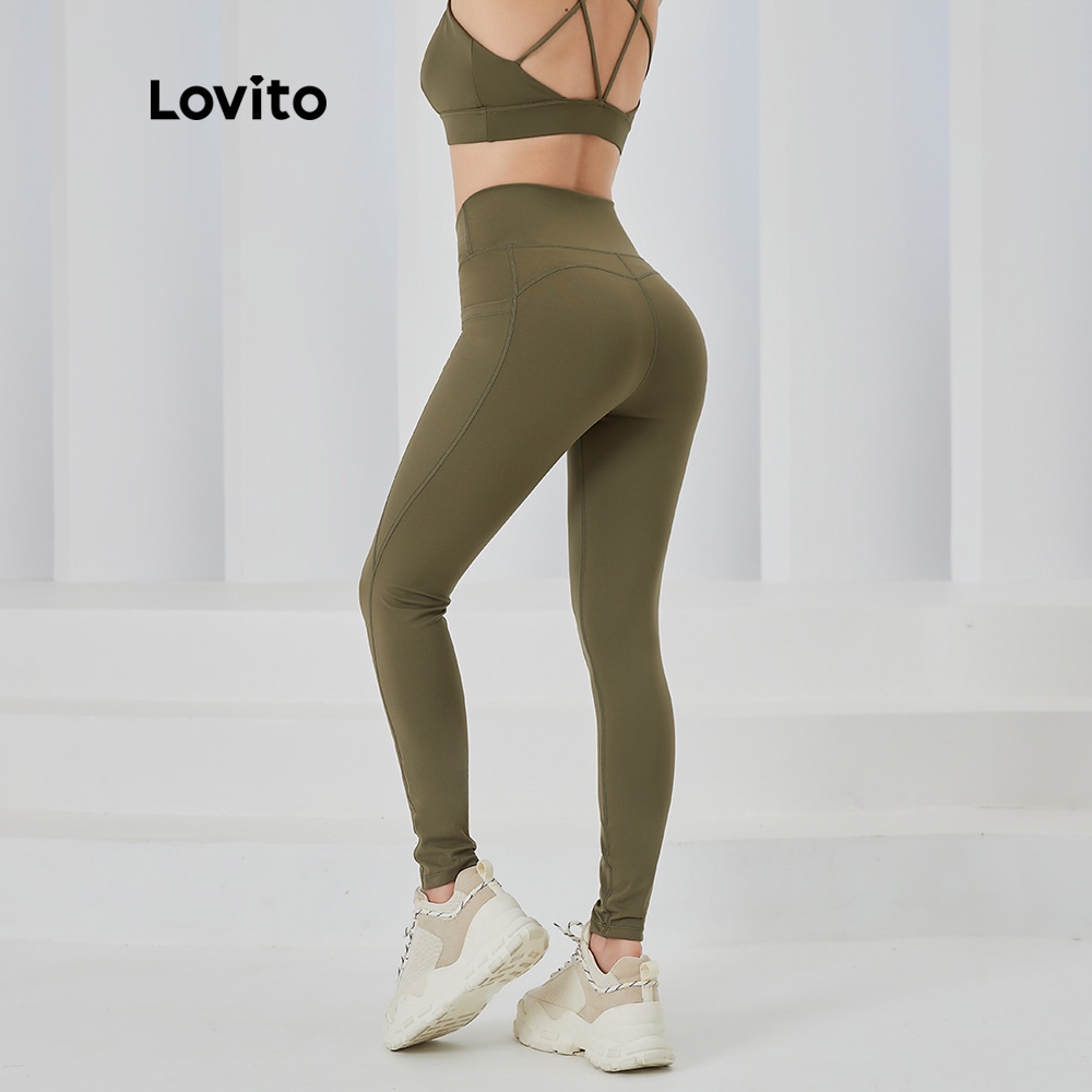 Quần legging Lovito thể thao ôm dáng trơn không lớp lót độ co giãn cao có túi L04019 (Xanh lá)