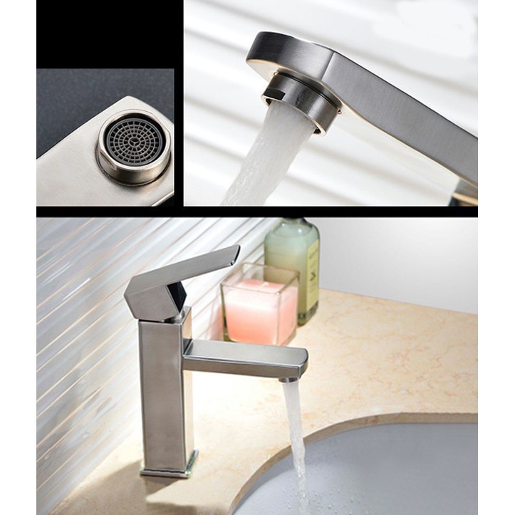 Vòi bồn rửa mặt, vòi Lavabo nóng lạnh inox 304 mờ thiết kế thân vuông chắc chắn phân loại 20cm và 30 cm kèm dây NL