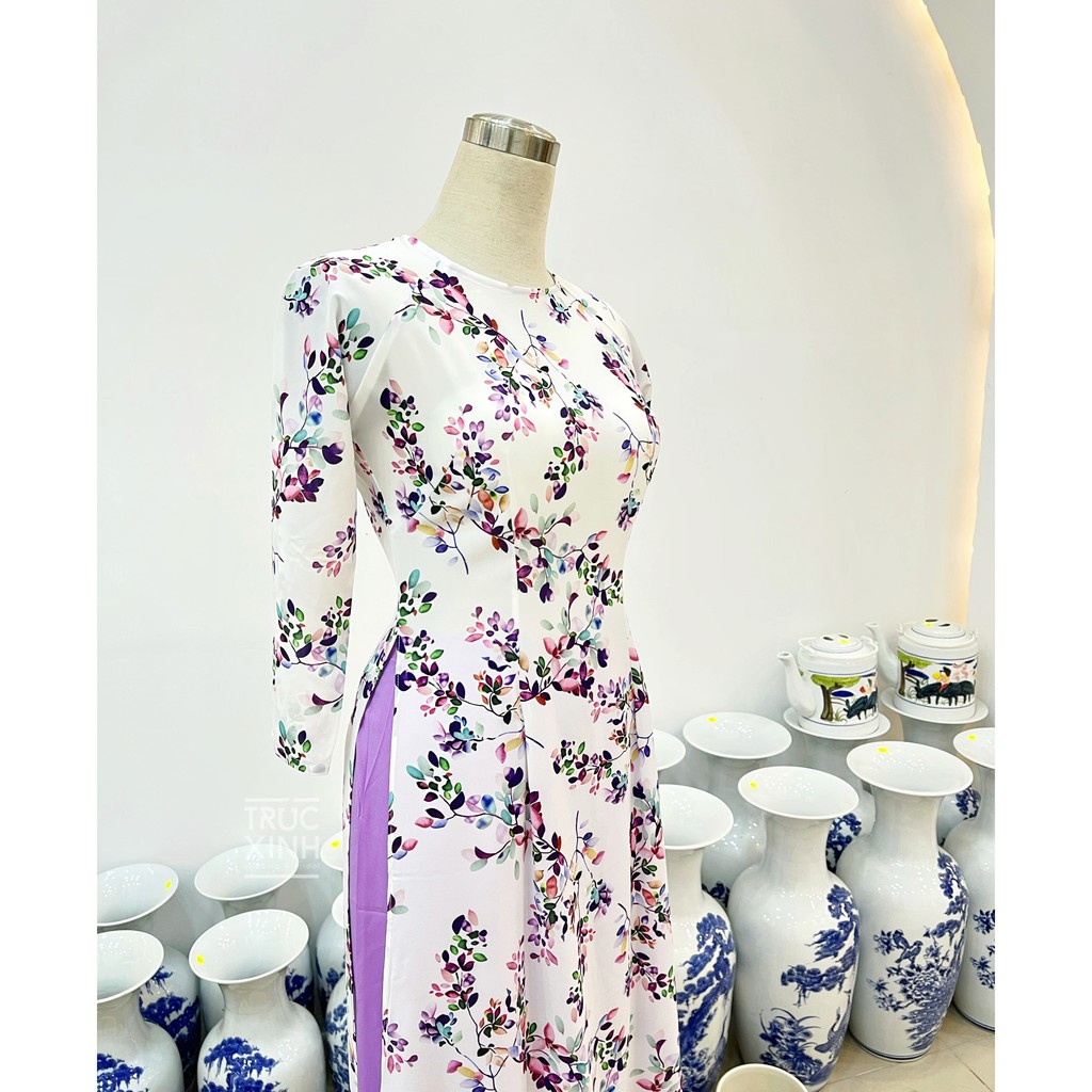Áo dài lụa trắng in họa tiết hoa nhí lá nhí tím - Áo tay bồng tay phồng In hoa mẫu đơn
