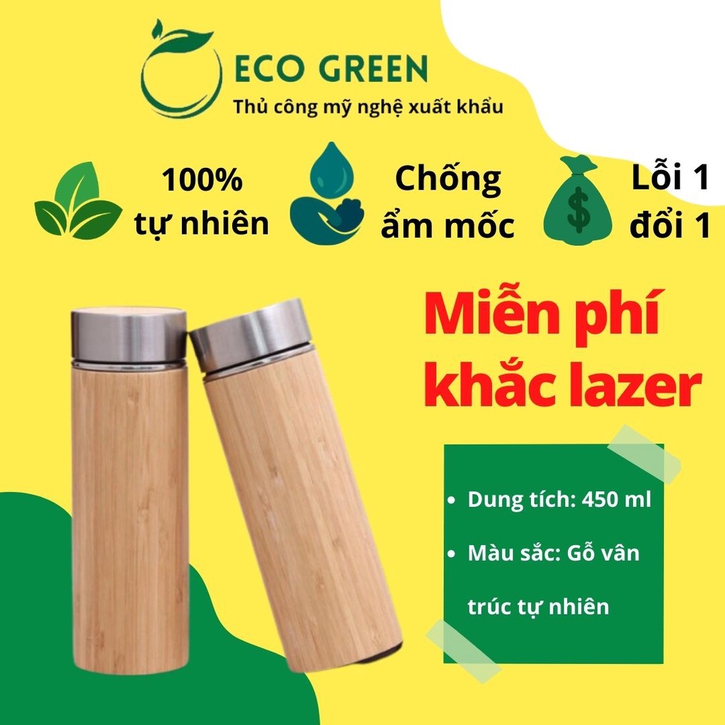 Bình Giữ Nhiệt Vỏ Gỗ Tre ECO GREEN 450 ml, Khắc Laser Tên, Hình Theo Yêu Cầu - Quà Tặng Sinh Nhật, Quà Tặng Đối Tá