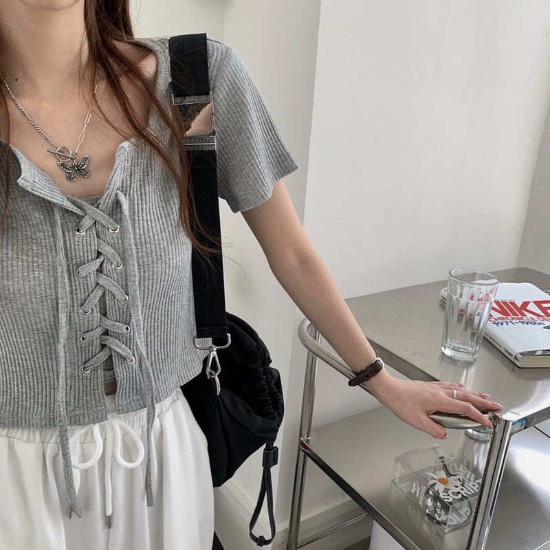 Áo ZHELIHANGFEI ngắn tay cổ vuông lưng cao thời trang mùa hè cho nữ