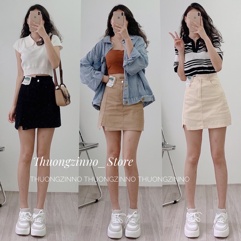 [Ảnh thật/Video ]Chân váy chữ A cạp chéo gắn tag da FROM loại 1 Chân váy  chất kaki hai da hàng Quảng Châu