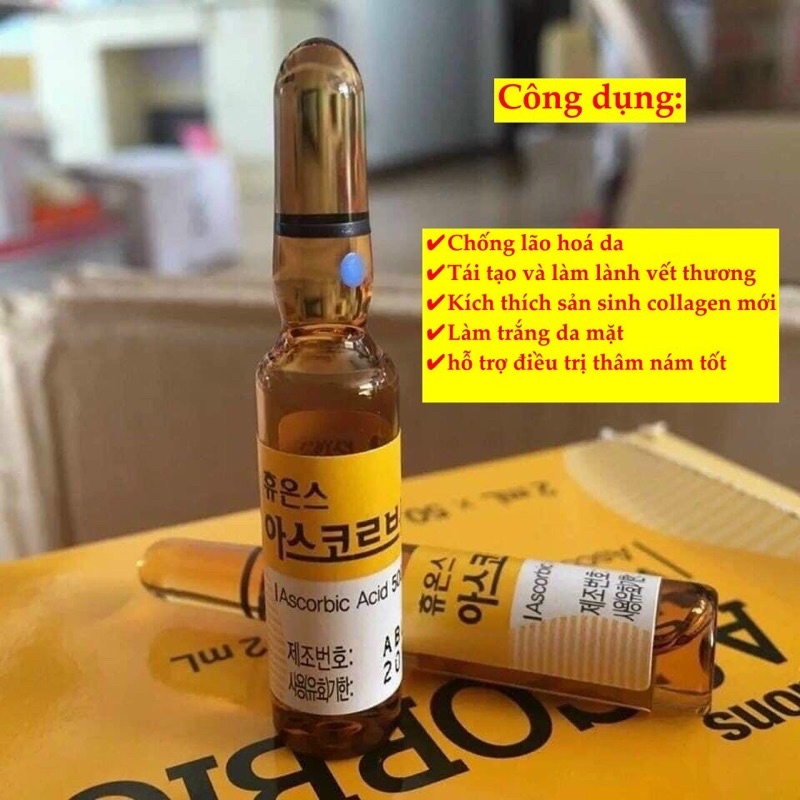 Hộp 50 ống vitamin C Hàn Quốc trắng da dùng trong lăn kim, phi kim, cấy tảo, cấy hồng sâm