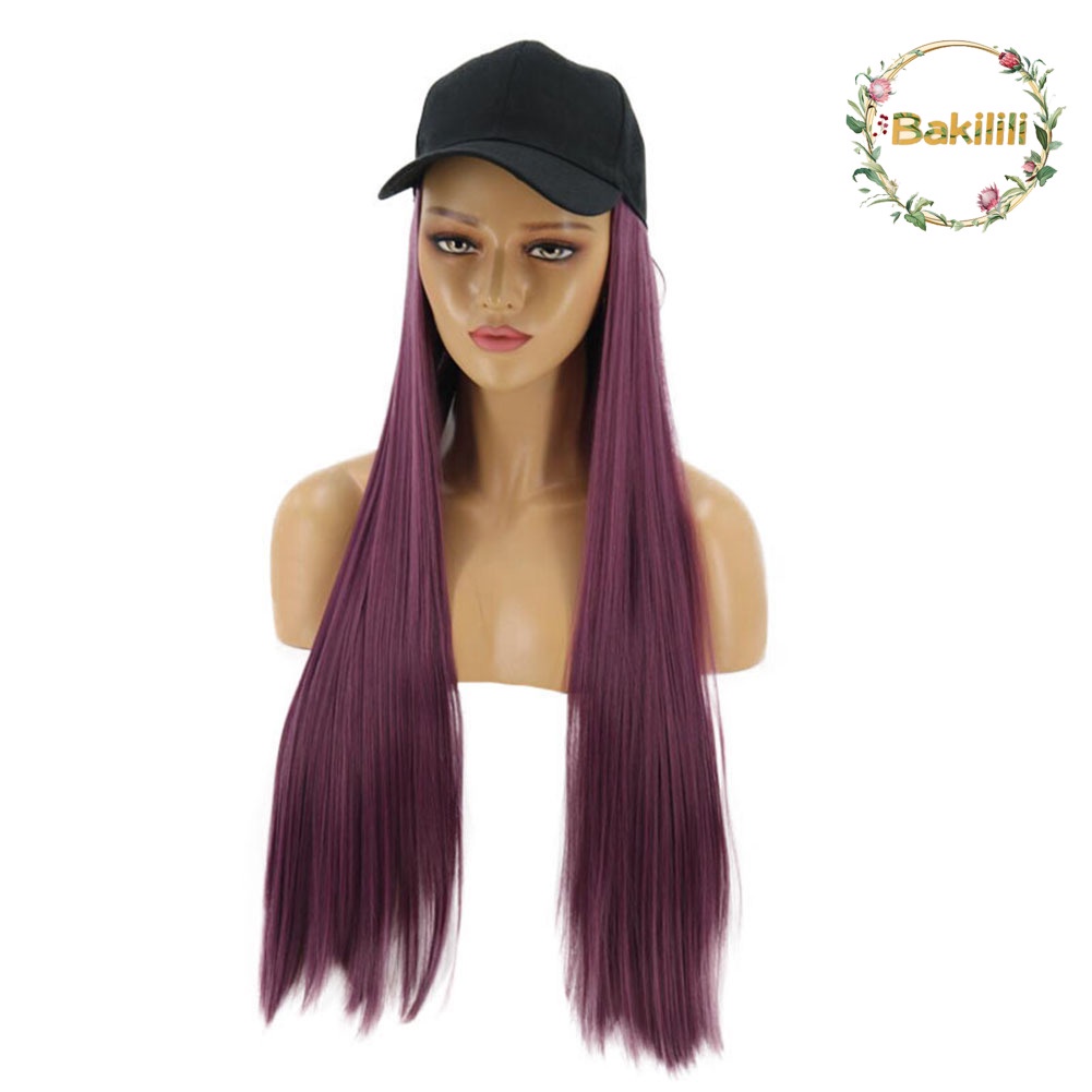 【BK】Charming Women Long Straight Synthetic Hair Extension Wig Hairpiece with Hat