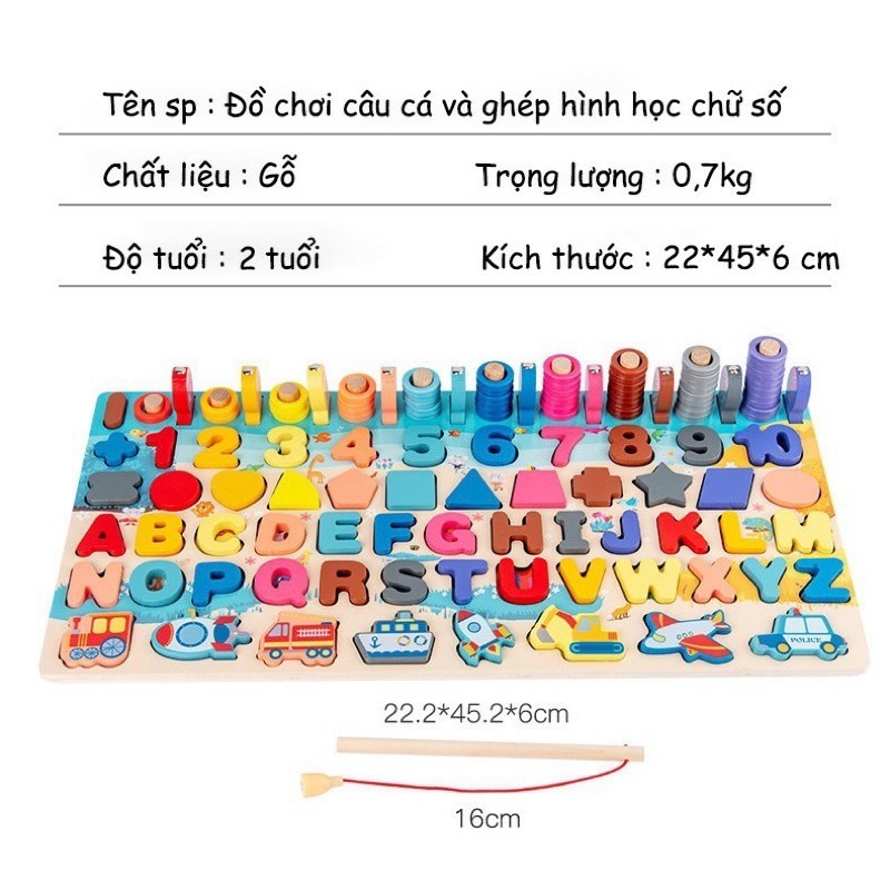 Đồ chơi bằng gỗ thông minh cho bé bao gồm bảng chữ cái, chữ số, hình khối, đồ chơi câu cá 6 in 1 - Bắp Bơ Kids