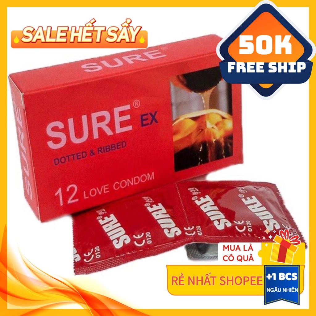 Bao cao su Sure Ex đỏ chính hãng, bề mặt nhám tạo cảm xúc mãnh liệt, kéo dài thời gian yêu, hộp 12 bcs