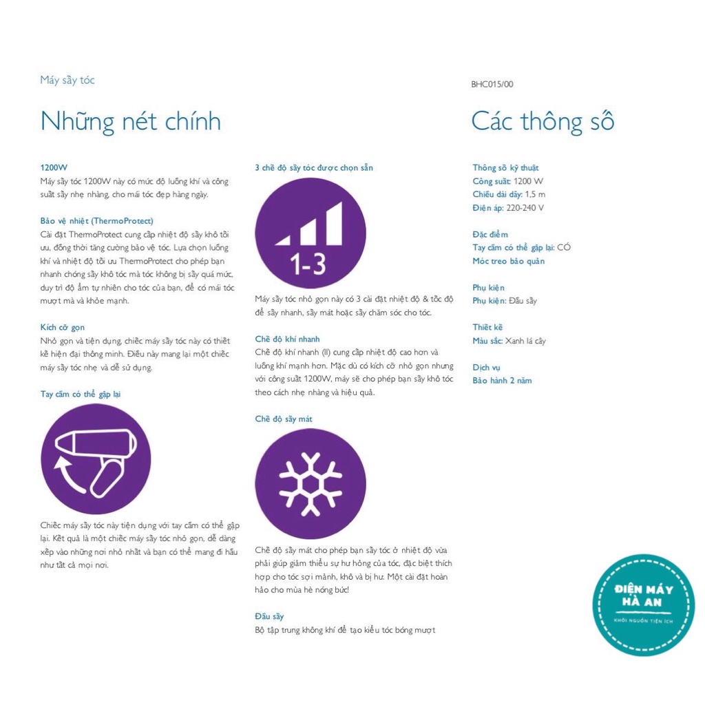 Máy sấy tóc nhỏ gọn Philips BHC015 - Hàng chính hãng - Bảo hành 24 tháng