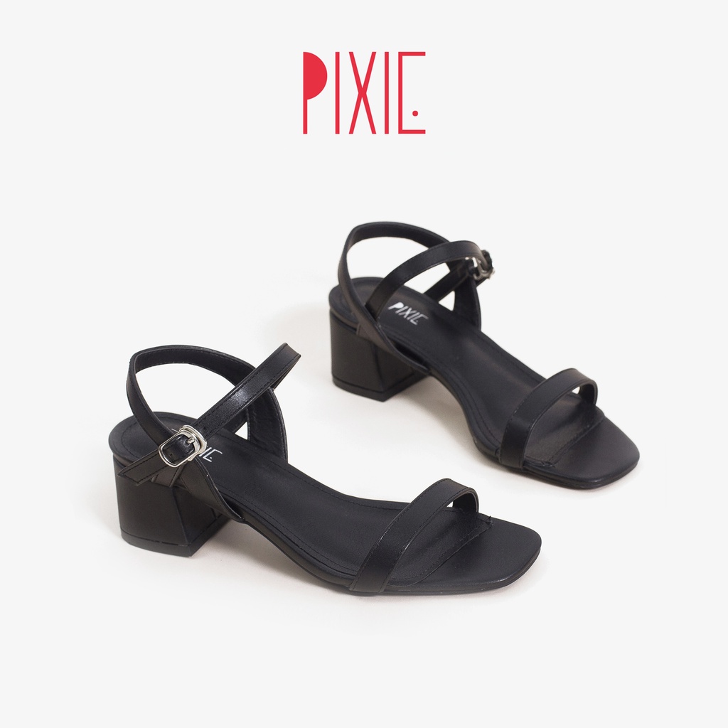 Giày Sandal Cao Gót 5cm Đế Vuông Quai Mảnh Màu Đen Pixie P133