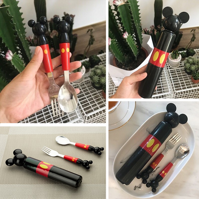 Bộ muỗng và nĩa hình chuột Mickey và Minnie đáng yêu kèm hộp đựng
