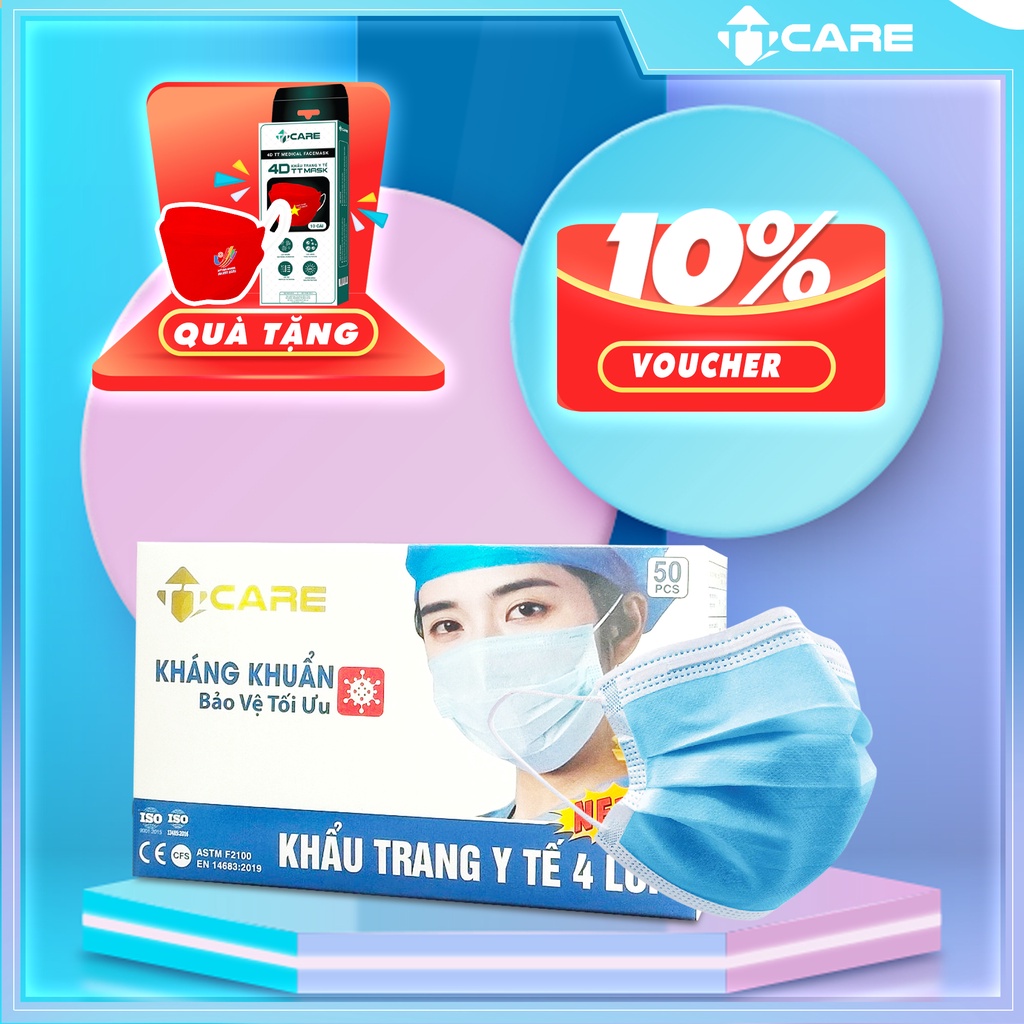 Hộp khẩu trang y tế 4 lớp, khẩu trang kháng khuẩn nhiều màu chính hãng TTCare