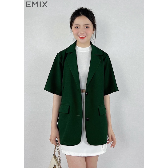 Áo vest cộc tay EMIX (3 màu), blazer, dáng dài, khoác, 2 cúc, form rộng, đi học, đi làm, chất vải trượt Hàn 6087