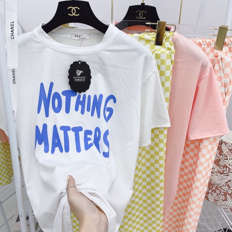 Set Bộ Quần Kẻ Caro Ống Rộng Dài Áo Phông Trắng Chữ