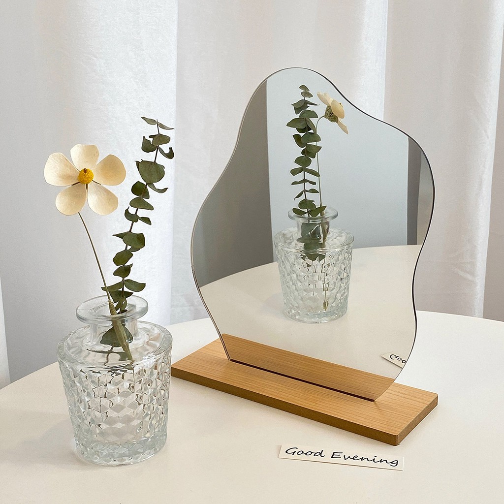 [Hàng mới về] cách tươi mới và đơn giản, gương hạt đậu sáng tạo, gương đế gỗ không đều, gương trang điểm để bàn, gương một mặt để bàn ký túc xá, trang trí nhà cửa