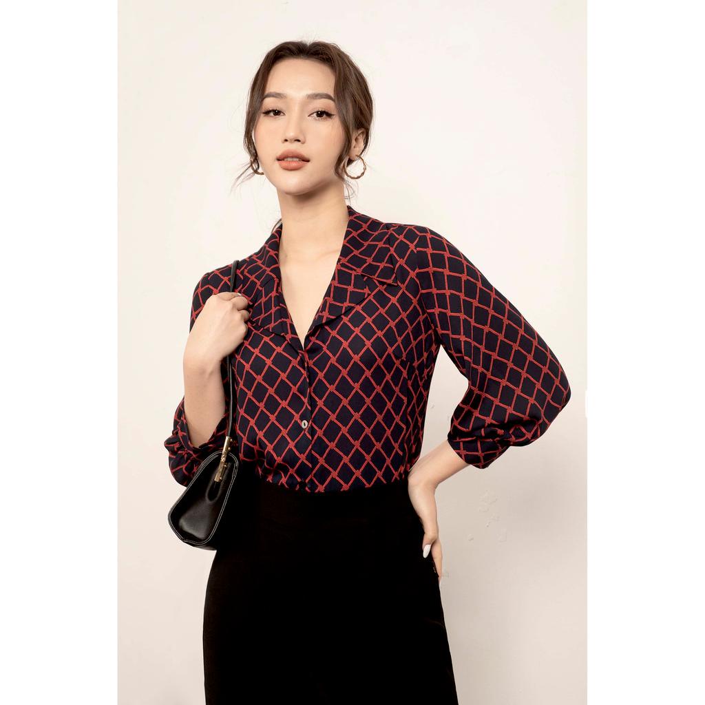 Áo sơ mi kẻ, cổ vest, dáng rộng MMOutfit M-AO071121243