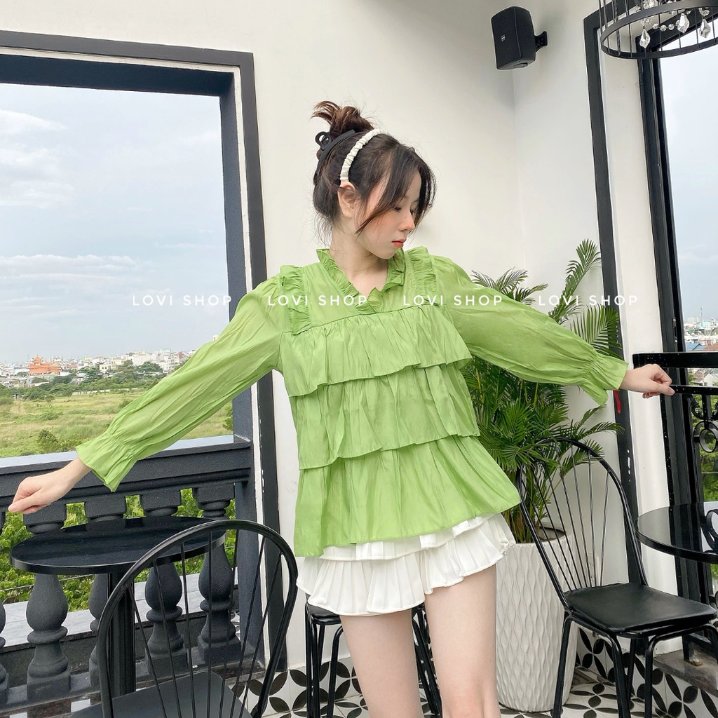 LOVI SHOP- Áo bèo tầng babydoll tay dài cổ V iểu thư nhiều màu xinh xắn chất tơ ánh kim cao cấp