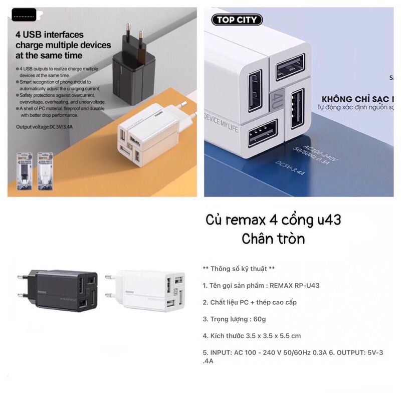 🌟CHÍNH HÃNG 🌟 Củ sạc nhanh 3.4a 4 cổng remax rp u43 - cốc sạc nhanh quick charge 3.4a 4 cổng remax rp u43