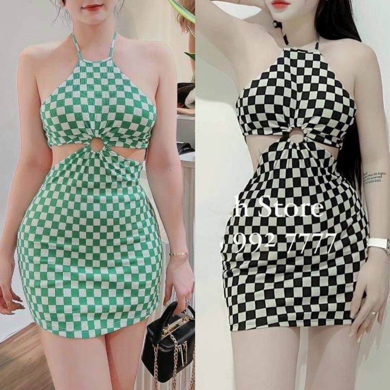 Có mút ngực Đầm Yếm Khoen Lập Thể Caro Khoét Eo