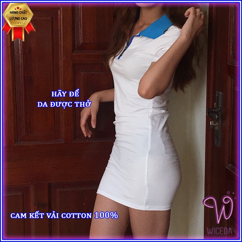 Váy polo ôm body xinh cổ viền xanh , đầm polo dự tiệc đẹp chất 100% cotton mềm mịn khóa kéo 2 màu đen trắng Wiceda VD6