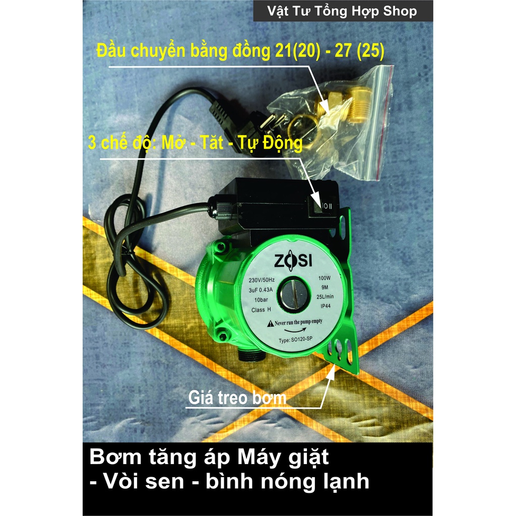 Bơm tăng áp nước nóng, nước lạnh 100W siêu êm ZoSi Thái Lan