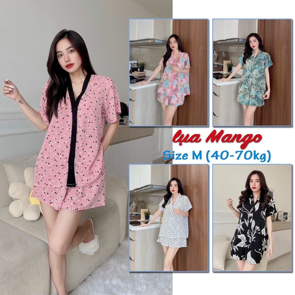Tổng hợp đồ bộ pijama mặc nhà cao cấp đùi, tay cộc cổ tim chất lụa Mango size M (40-70kg)