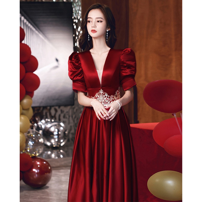 Đầm Dự Tiệc Vải Satin Tay Ngắn Dáng Ôm Dài Màu Đỏ Thời Trang Sang Trọng Cho Nữ