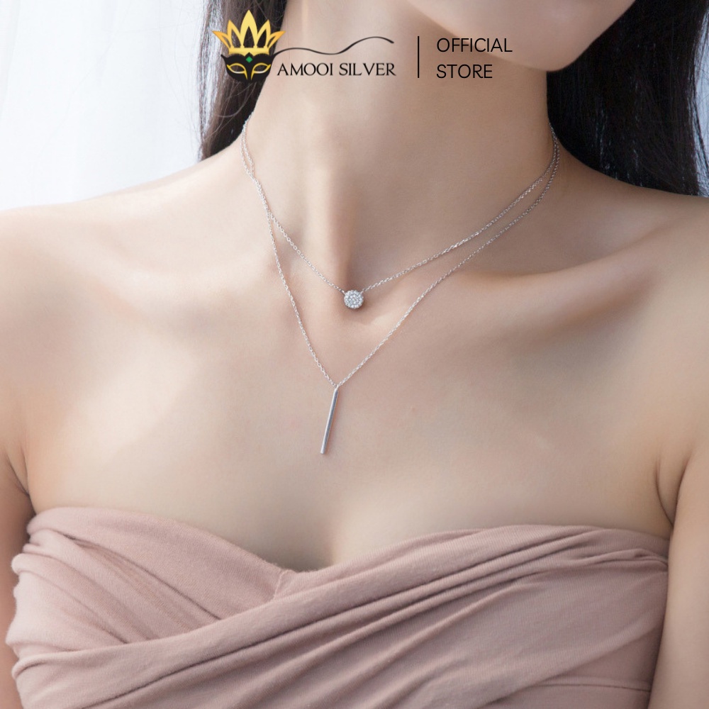 Vòng Cổ Bạc S925 Dây Đôi Thanh Dài Mặt Dây Chuyền Tròn Đính Đá - Amooi Silver AD43