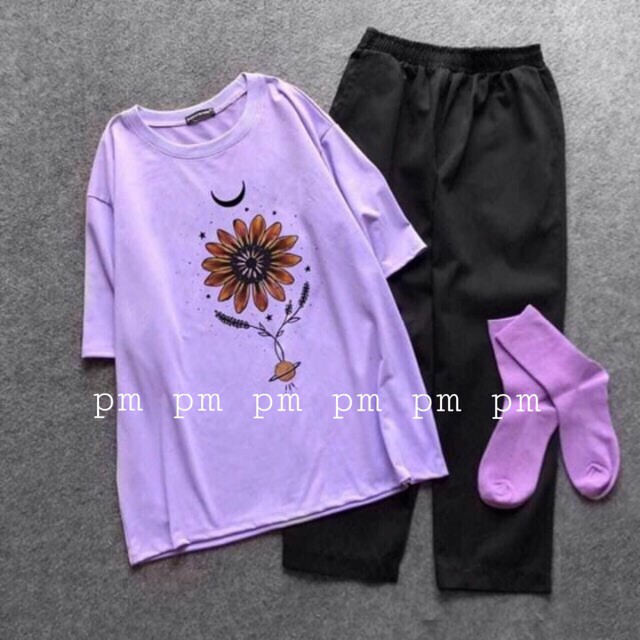 Sét Bộ Đồ Nữ Xinh Cute, Áo Phông Cotton Organic Ngắn Tay In Hoa Cúc Nâu Kèm Quần Kaki Phong Cách Teen Hàn Quốc