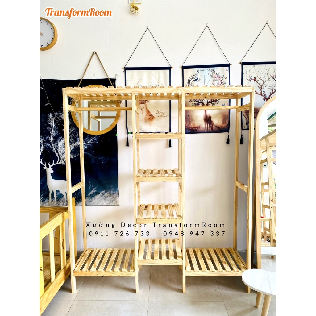 TỦ TREO QUẦN ÁO 3 GIAN BẰNG GỖ THÔNG MỸ NGUYÊN KHỐI