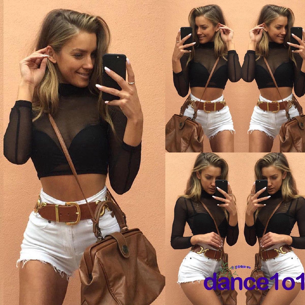 Áo croptop tay dài vải lưới xuyên thấu gợi cảm dành cho nữ