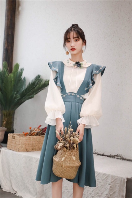 YAS0558-Set áo váy vintage thêu hoa