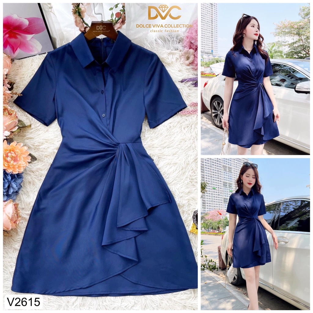 Váy sơ mi pha lụa Hàn xanh than xòe nhún eo thiết kế V2615