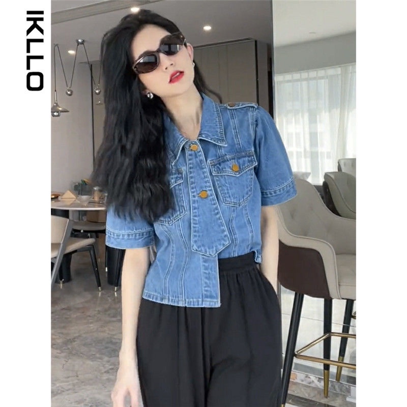 Áo sơ mi denim thiết kế cổ điển kiểu Pháp thời trang mùa xuân và mùa hè cho nữ