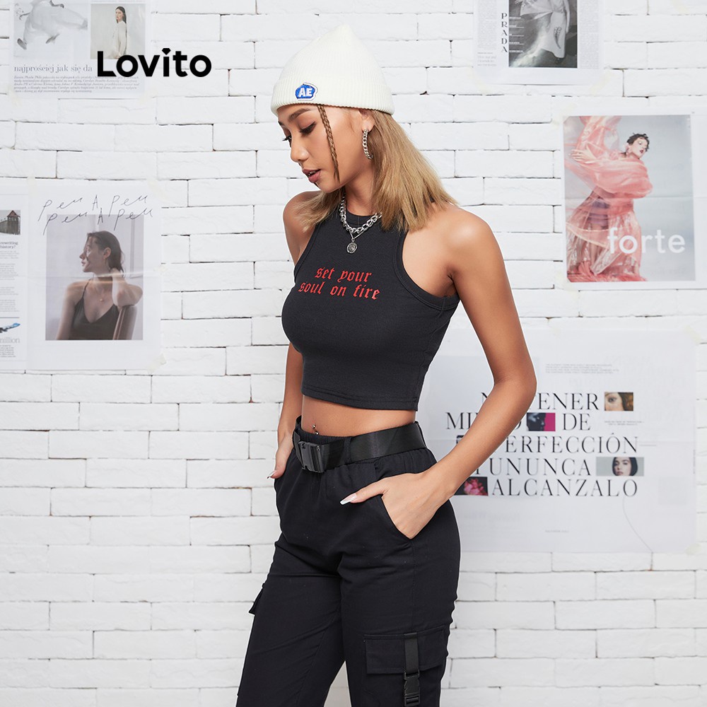Áo croptop sát nách Lovito không tay in chữ phong cách thường ngày L08145 (đen) | BigBuy360 - bigbuy360.vn