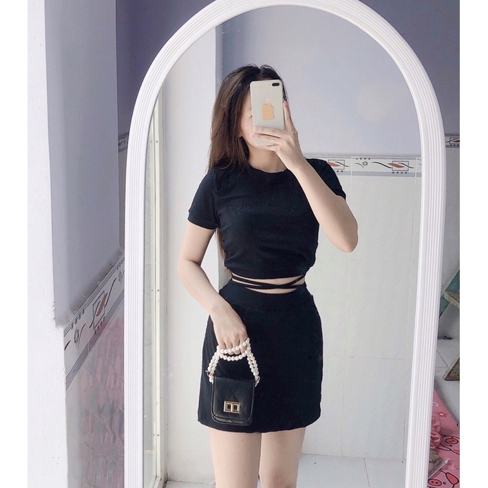 [ẢNH THẬT] Set bộ áo crotop dây buộc eo+chân váy siêu xinh