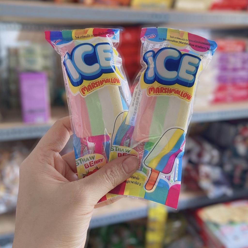 Kẹo bông gòn vị dâu tây Ice Marshmallow hình que kem Thái Lan, ăn vặt Thailand ngon rẻ