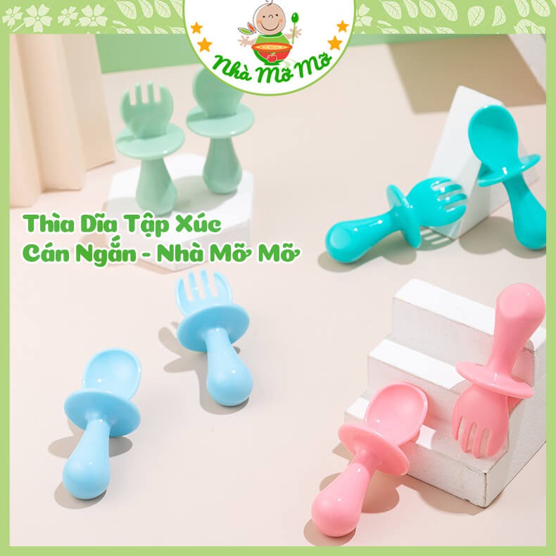 Thìa Dĩa Cán Ngắn - Muỗng nĩa cán Ngắn Tập Xúc Cho Bé Ăn Dặm - Nhà Mỡ Mỡ