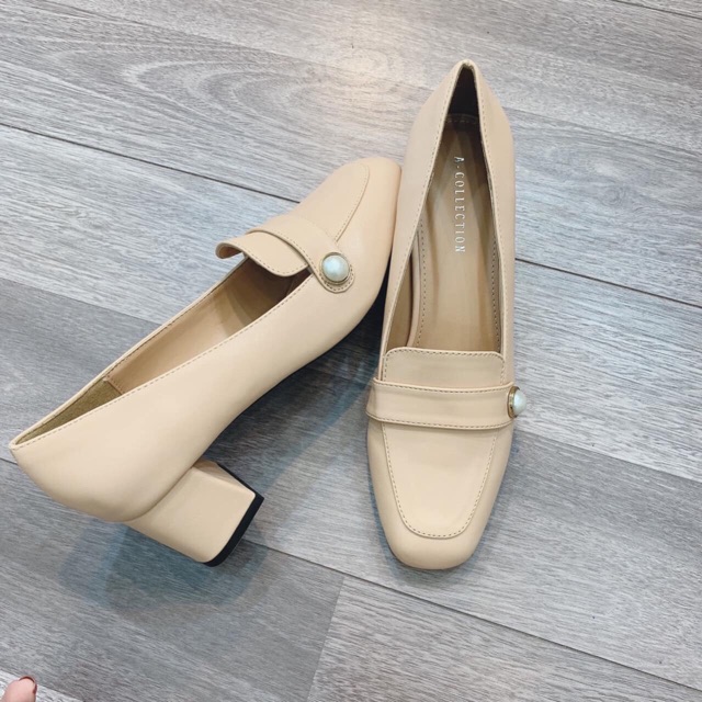 Giày Moka gót 4-5cm đính ngọc lệch