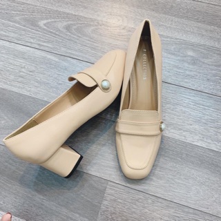 Giày Moka gót 4-5cm đính ngọc lệch