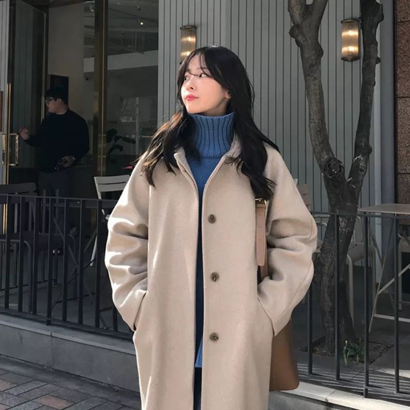 Áo khoác len dáng dài qua gối chất liệu dày dặn form rộng thời trang Hàn Quốc cho nữ