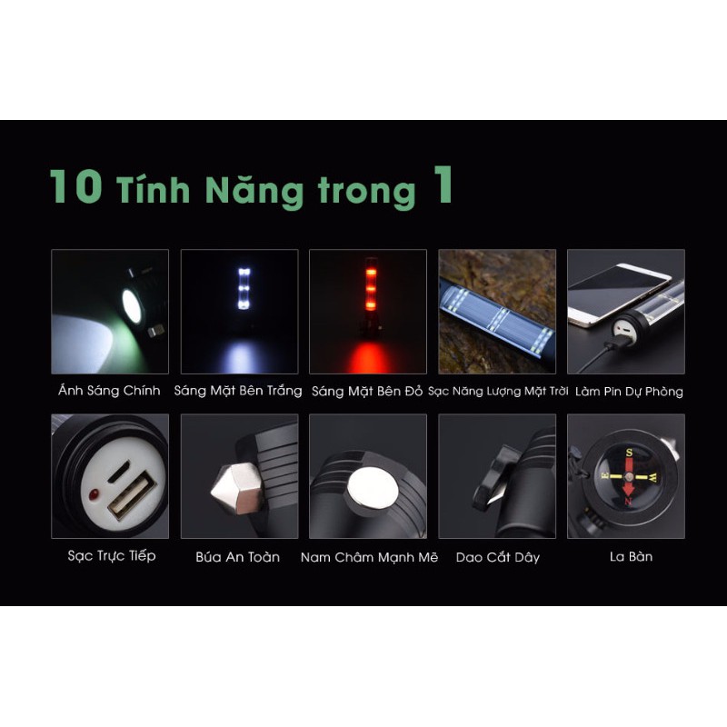 [Hàng loại 1]Đèn pin sinh tồn siêu sáng 10 in 1 cao cấp T08