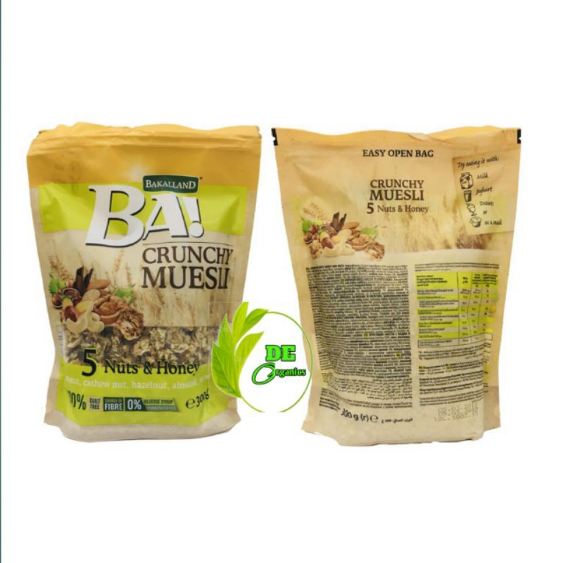 100% ORGANIC Ngũ cốc trái cây BAKALLAND Muesli giòn và hạt óc chó, hạnh nhân, hạt phỉ, mật ong và đậu phộng