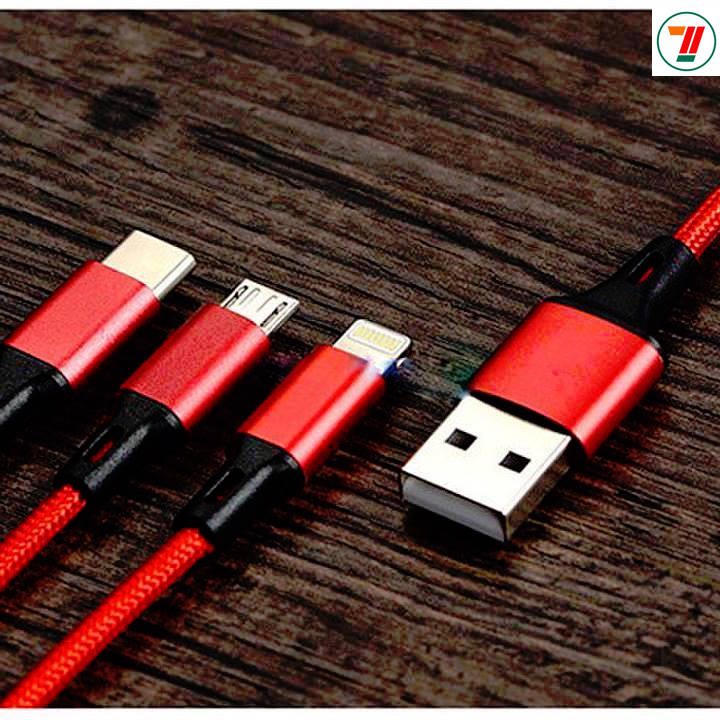 Cáp sạc đa năng 3 đầu 3 in 1gồm Type C, Lightning, Micro usb thương hiêu Bagi (Đen/ Đỏ)