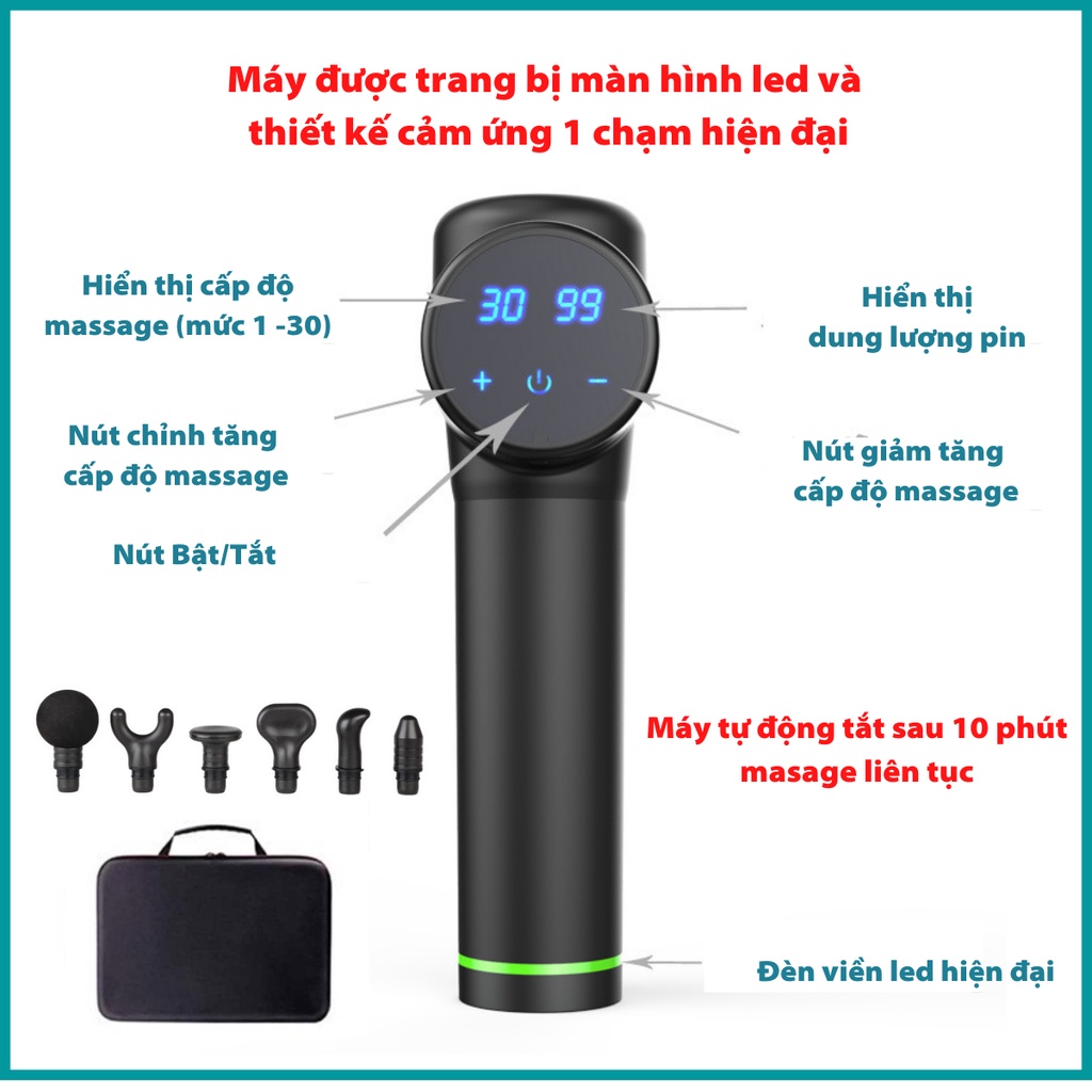 [Cao Cấp] Súng Massage Cầm Tay 6 Đầu 30 Cấp Độ, Màn Hình LCD, Máy Massage Giảm Đau Mỏi Toàn Thân, Cổ Vai Gáy