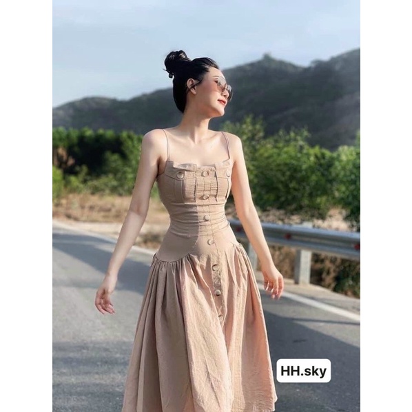 Đầm đũi 2s hai dây form xoè chữ A đính nút xếp ly cách điệu hai bên hông rất xinh